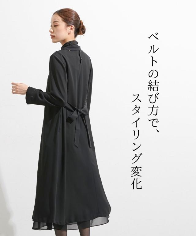 喪服 礼服 ブラックフォーマル レディース 日本製生地使用 洗える防ネック カバー 付き ウエスト リボンシンプル ワンピース 有 〔Callarus〕 ニッセン nissen_6