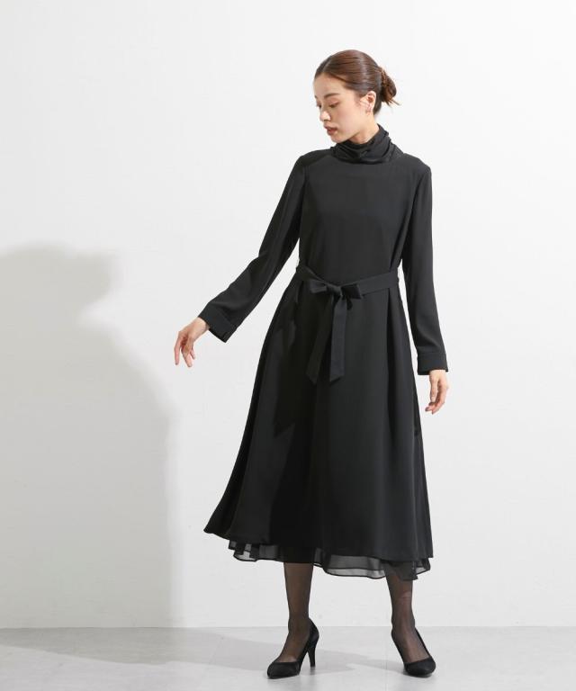 喪服 礼服 ブラックフォーマル レディース 日本製生地使用 洗える防ネック カバー 付き ウエスト リボンシンプル ワンピース 有 〔Callarus〕 ニッセン nissen_18