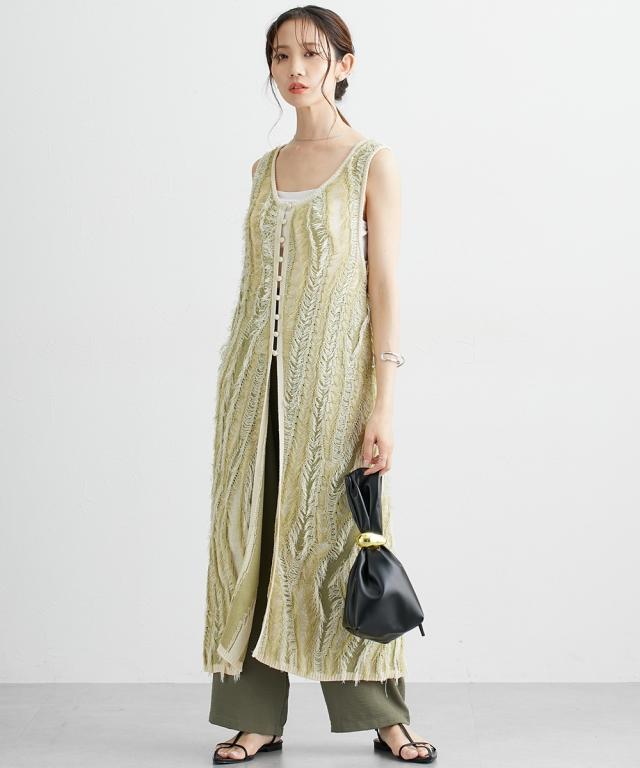 ニット セーター レディース 麻タッチフリンジ ノースリジレ 夏 ニッセン nissen