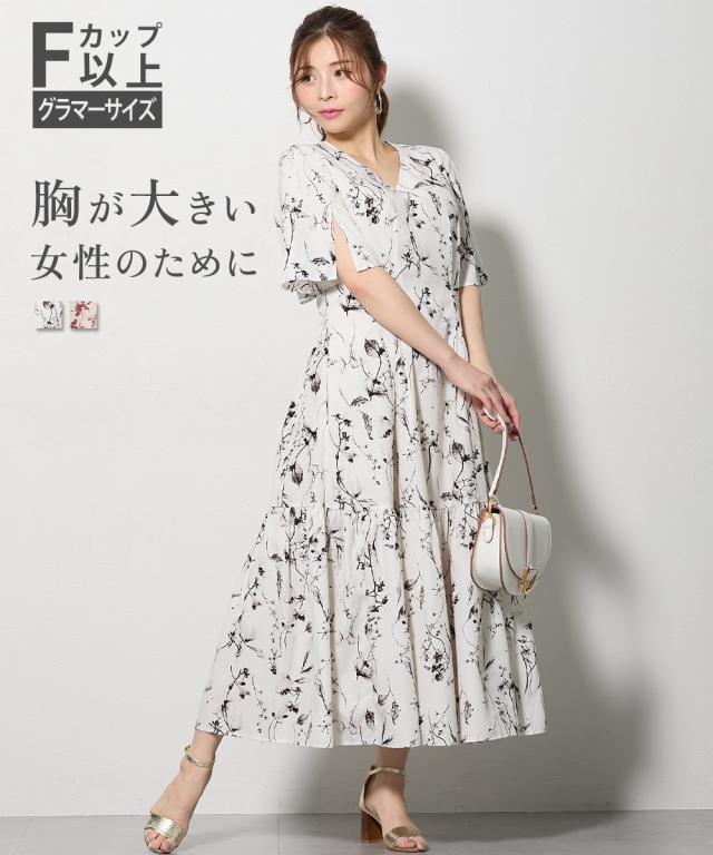 ワンピース ロング マキシ レディース 大きい胸専用 花柄袖スリット 半袖 ポケット付 夏 ひざ下 | LL | ニッセン nissen