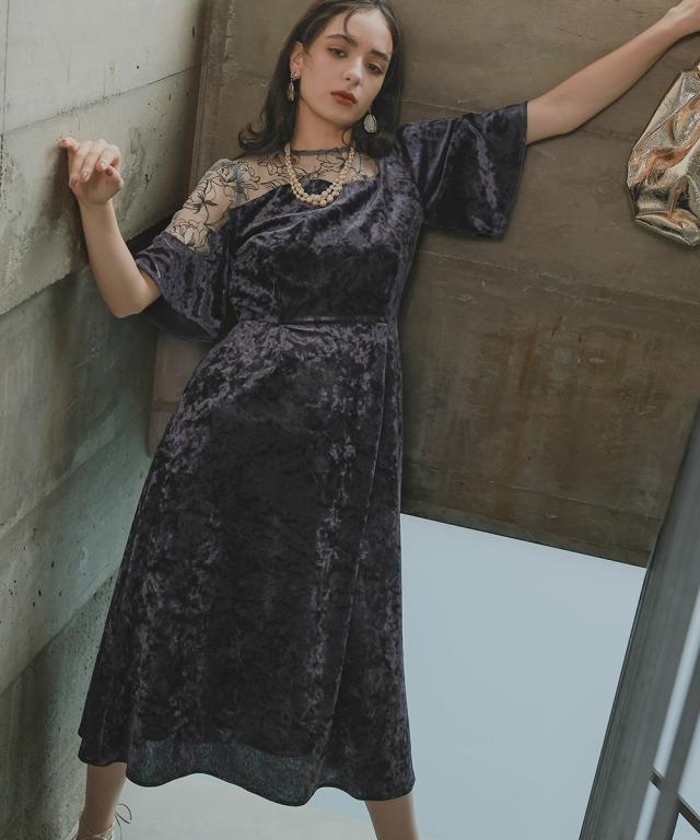 パーティドレス ワンピース レディース お呼ばれ よそいき 結婚式 パーティー オケージョン ドレス アシメ レース デザイン クラッシュベロア 〔Callarus〕_3