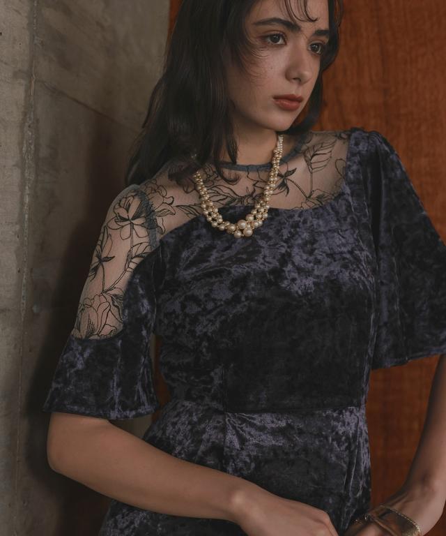 パーティドレス ワンピース レディース お呼ばれ よそいき 結婚式 パーティー オケージョン ドレス アシメ レース デザイン クラッシュベロア 〔Callarus〕_6
