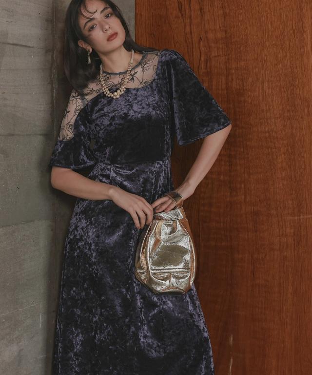 パーティドレス ワンピース レディース お呼ばれ よそいき 結婚式 パーティー オケージョン ドレス アシメ レース デザイン クラッシュベロア 〔Callarus〕_8