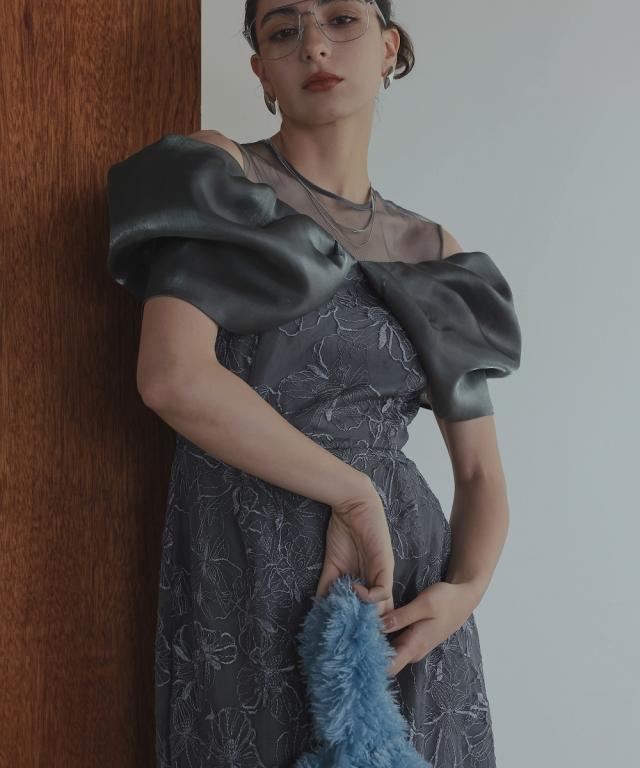 パーティドレス ワンピース レディース お呼ばれ よそいき 結婚式 パーティー オケージョン ドレス メタリックボイルオーガンジーオフ ショルダー デザイン 刺繍 〔Callarus〕_8