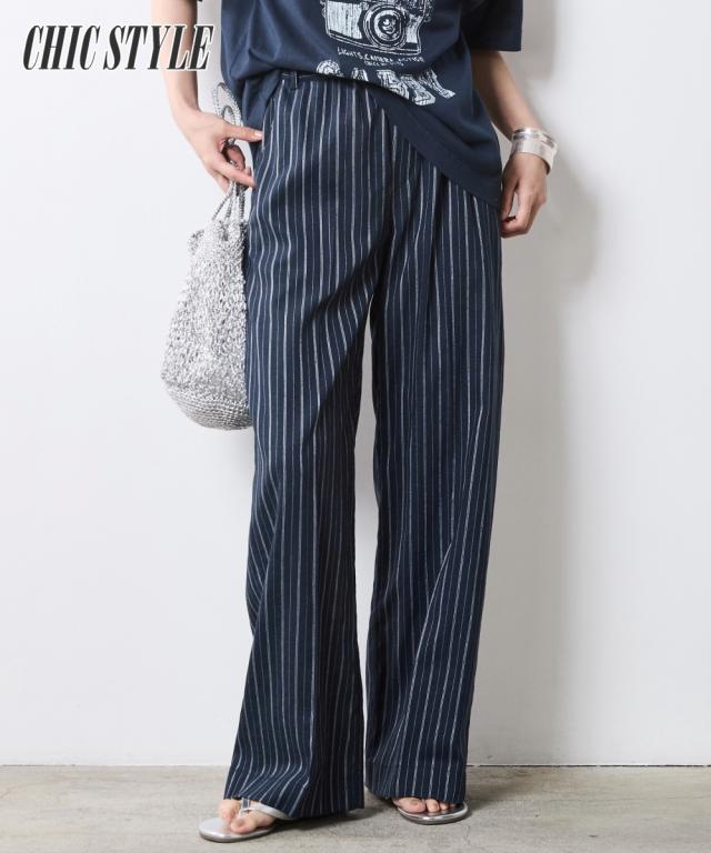 ワイドパンツ レディース ストライプリラックスパンツ ペチパンツ 付 シックスタイル 夏 ゆったり 体型カバー 美脚 ボトムス | 6L/8L/10L | ニッセン nissen