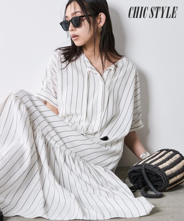 ワンピース ロング マキシ レディース ストライプフレンチスリーブ シックスタイル 夏 ひざ下 | M〜5L | ニッセン nissen