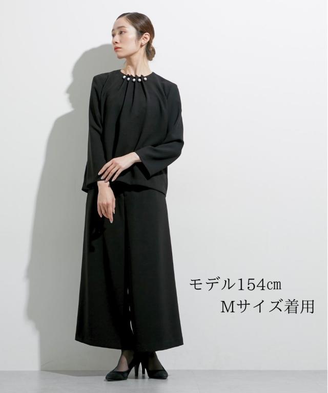 喪服 礼服 ブラックフォーマル レディース 日本製生地使用 洗える防しわパール調アクセ デザイン ブラウス ＋ワイド パンツ セットアップ 〔Callarus〕 ニッセン_15