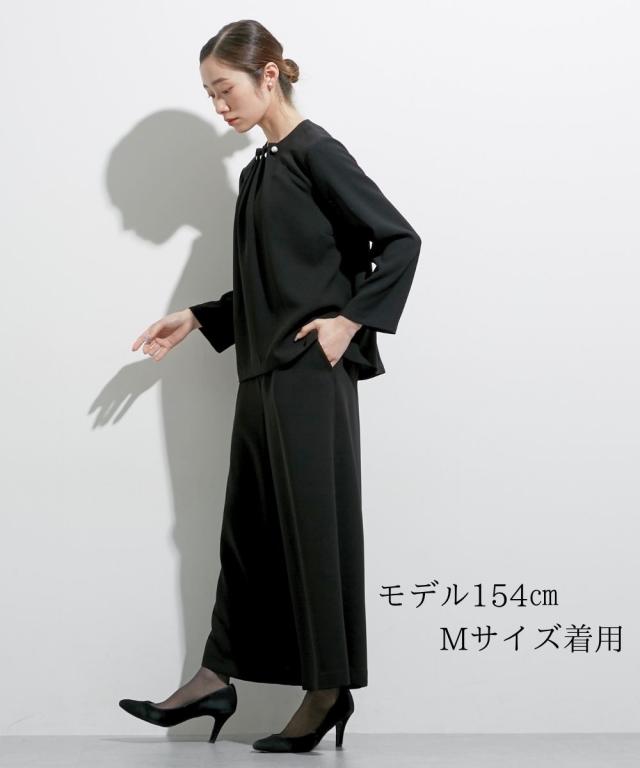 喪服 礼服 ブラックフォーマル レディース 日本製生地使用 洗える防しわパール調アクセ デザイン ブラウス ＋ワイド パンツ セットアップ 〔Callarus〕 ニッセン_16
