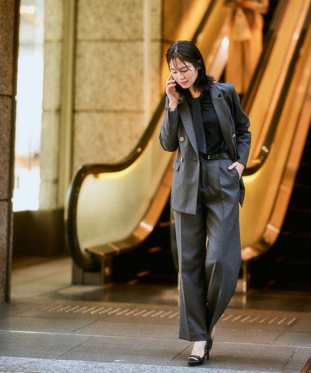 スーツ レディース 営業女子向け七つ道具がきちんと入る最強手ぶら ダブルブレスト テーラード ジャケット ＋ワイド ストレート パンツ 春 秋 ニッセン nissen_17
