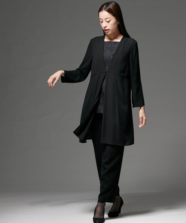 喪服 礼服 ブラックフォーマル レディース 日本製米沢織生地使用 防しわレイヤード ロング丈 デザイン ブラウス ＋テーパード パンツ セットアップ 〔Callarus〕 喪服 礼服 ブラックフォーマル レディース 日本製米沢織生地使用 防