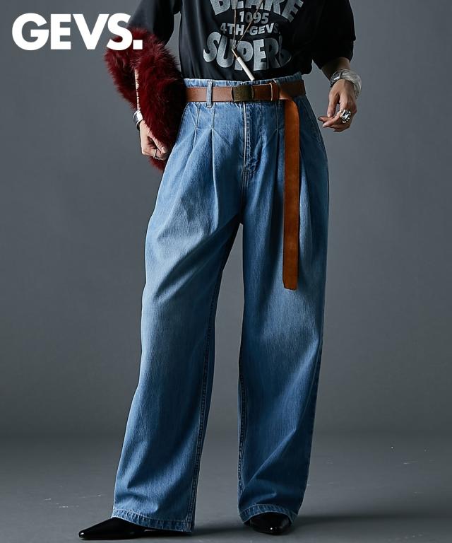 ワイドパンツ レディース 綿100％ ライトオンス デニム タックワイド パンツ GEVS. ゆったり 体型カバー 美脚 ボトムス | 73/76/80/84/88 | ニッセン nissen