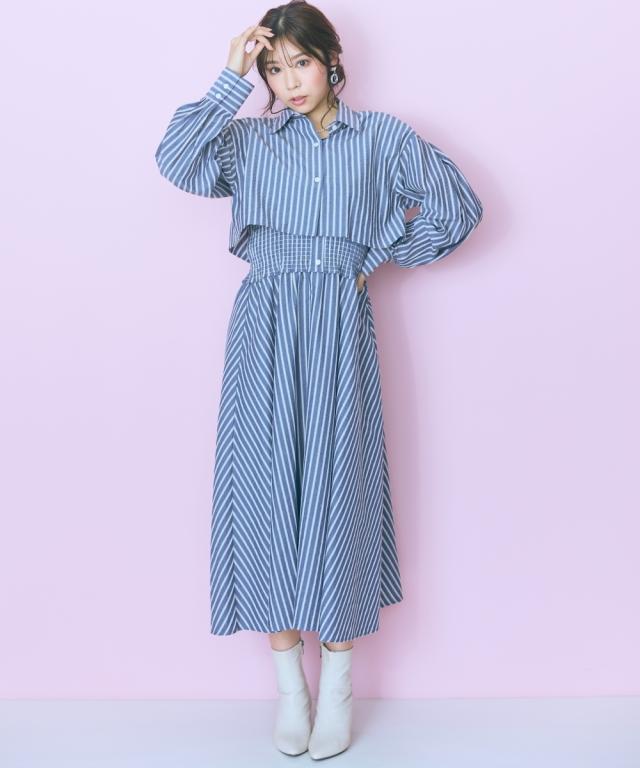 ワンピース ひざ丈 レディース 2点セット ストライプ シャツ ＋ marun