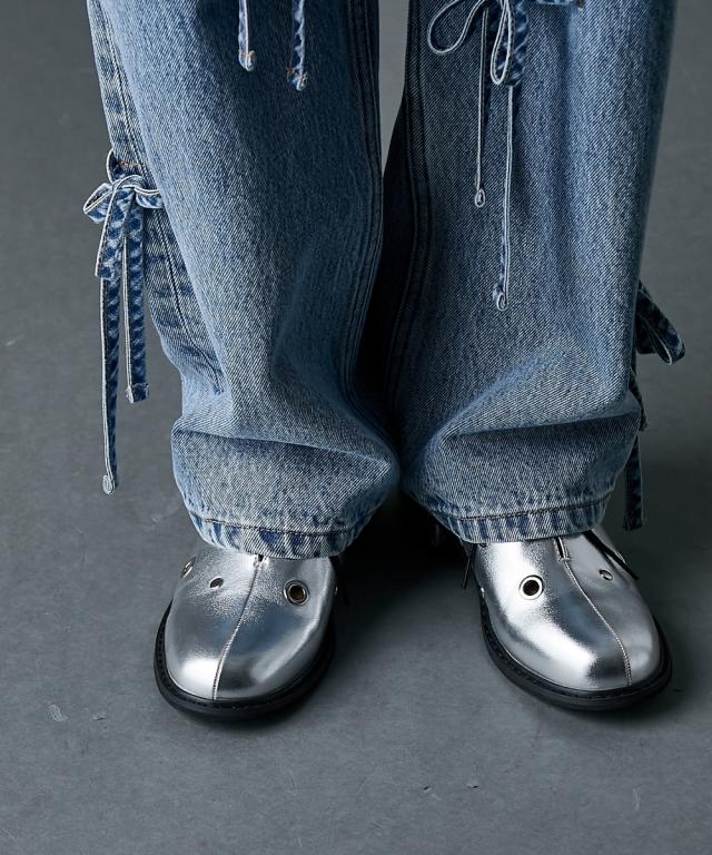 ストレートパンツ レディース 綿100％ リボンディティール デニム