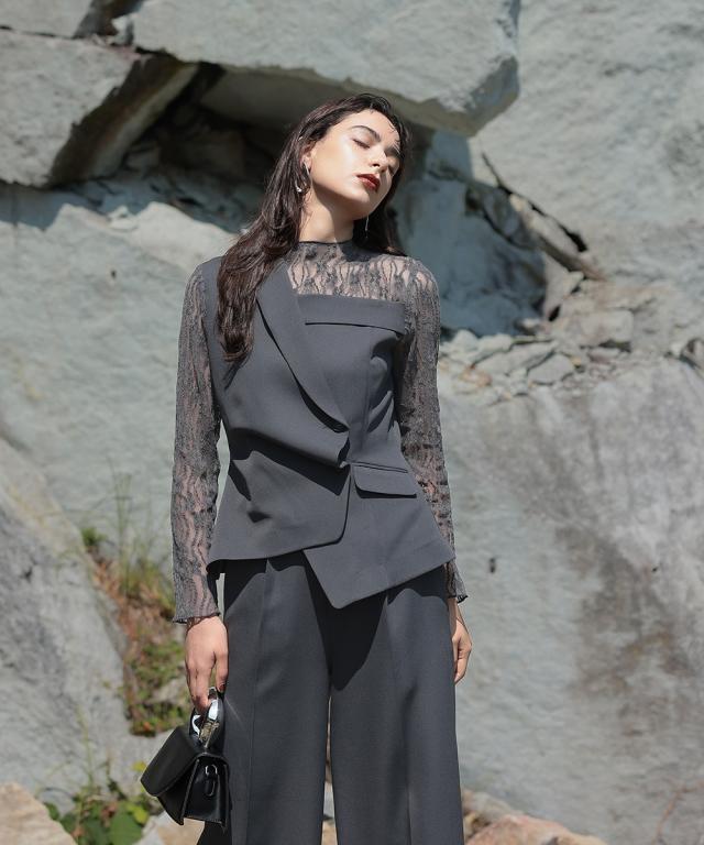 パーティドレス パンツ レディース お呼ばれ よそいき 結婚式 パーティー オケージョン ドレス アシメ ジャケット ドッキング デザイン レース ブラウス ＋ワイド セットアップ 〔Callarus〕_15