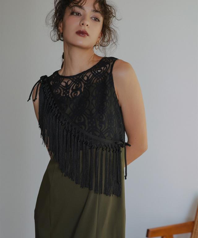 パーティドレス ワンピース レディース お呼ばれ よそいき 結婚式 パーティー オケージョン ドレス ノーカラー ジャケット アシメフリンジ使い レース アンサンブル〔Callarus〕_18