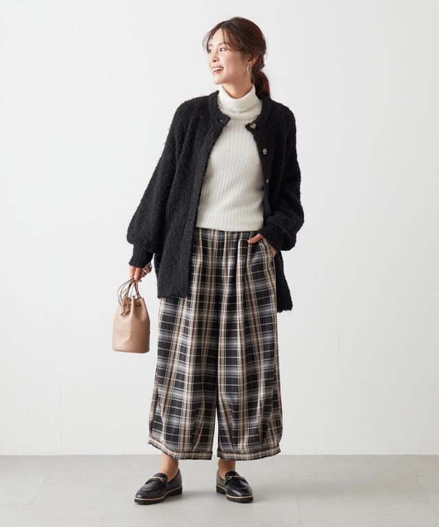 ワイドパンツ チェック柄バルーン パンツ 秋 ゆったり 体型カバー 美脚