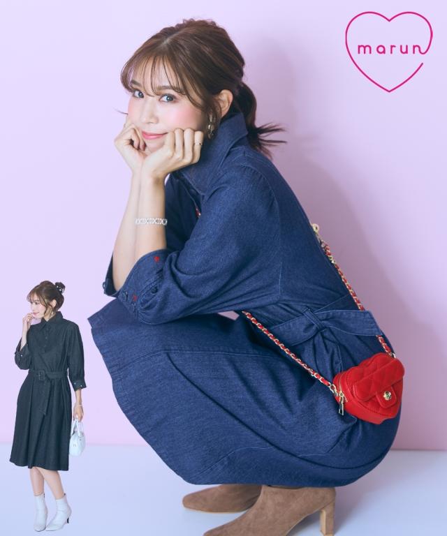 ワンピース ひざ丈 レディース 袖口ハート刺しゅう デニム シャツ marun | 6L/8L/10L | ニッセン nissen