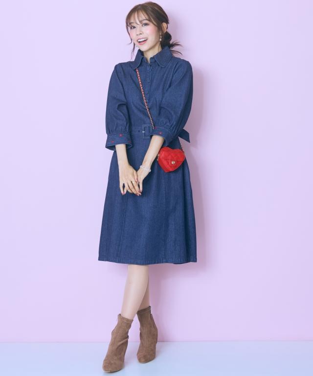 ワンピース ひざ丈 レディース 袖口ハート刺しゅう デニム シャツ
