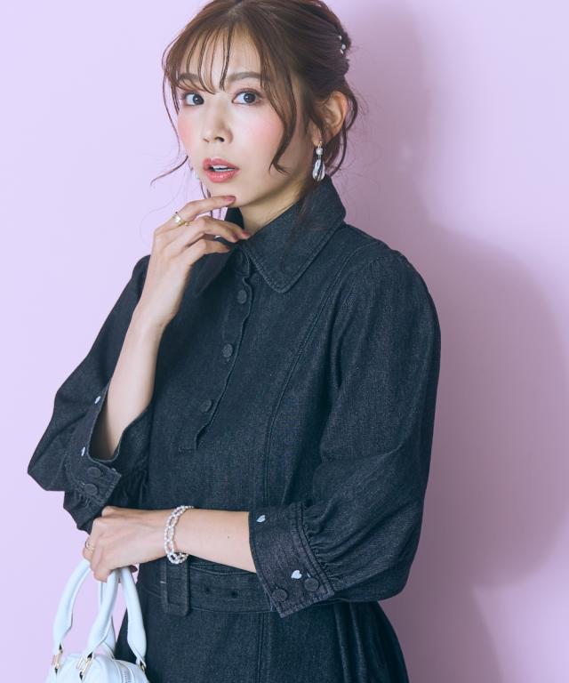 ワンピース ひざ丈 レディース 袖口ハート刺しゅう デニム シャツ