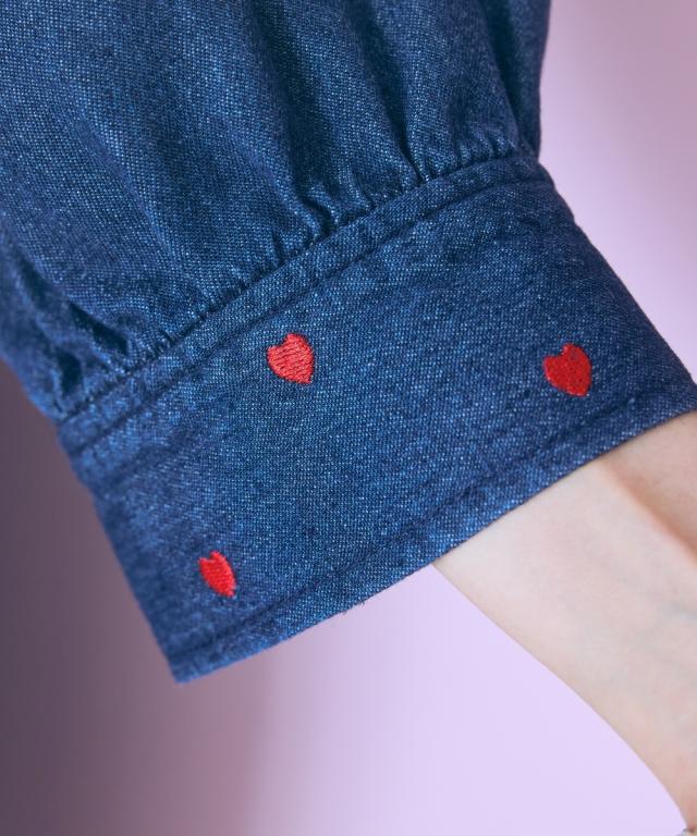 ワンピース ひざ丈 レディース 袖口ハート刺しゅう デニム シャツ