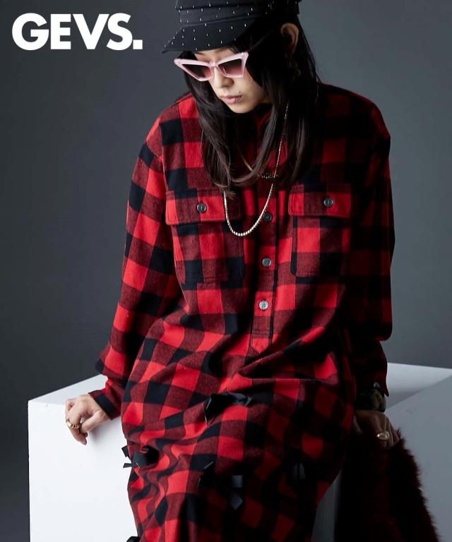 ワンピース ロング マキシ レディース リボン付ブロック チェック シャツ GEVS. ひざ下 | 6L/8L/10L | ニッセン nissen