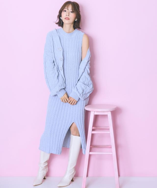 カーディガン レディース ハート柄編モール marun 羽織り 冷房対策 | L