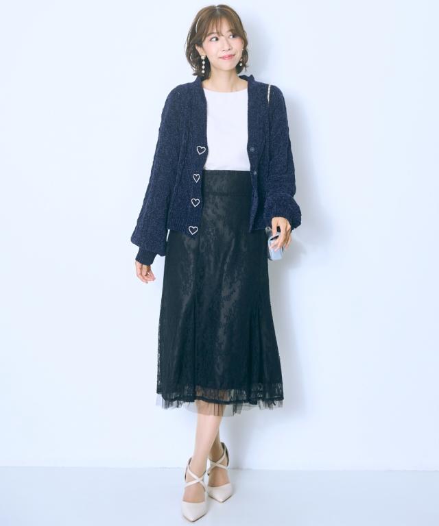 カーディガン レディース ハート柄編モール marun 羽織り 冷房対策 | L