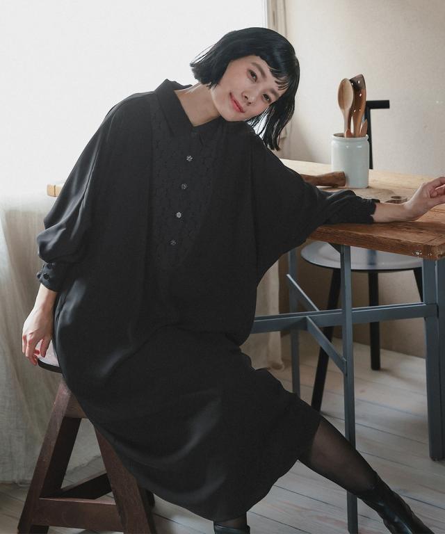 喪服 礼服 ブラックフォーマル レディース 袱紗も入るポケット仕様 洗える防しわ水玉 レース ドルマンスリーブ ワンピース ペチ コート 付き 〔Neina〕 ニッセン_9