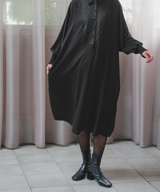 喪服 礼服 ブラックフォーマル レディース 袱紗も入るポケット仕様 洗える防しわ水玉 レース ドルマンスリーブ ワンピース ペチ コート 付き 〔Neina〕 ニッセン_12