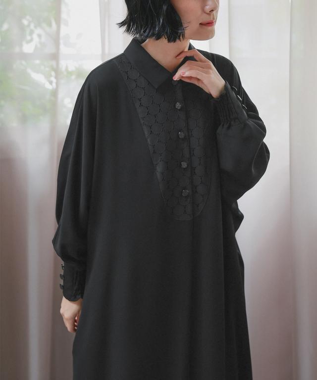 喪服 礼服 ブラックフォーマル レディース 袱紗も入るポケット仕様 洗える防しわ水玉 レース ドルマンスリーブ ワンピース ペチ コート 付き 〔Neina〕 ニッセン_14