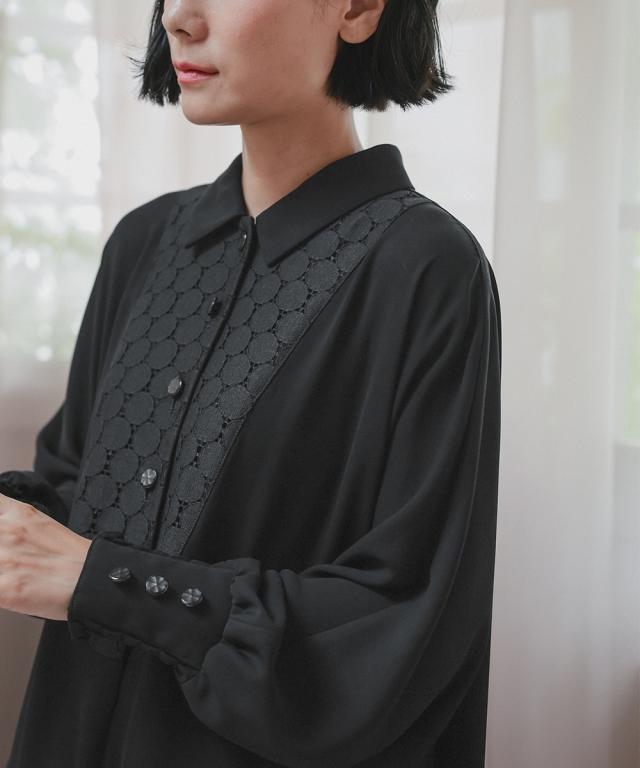 喪服 礼服 ブラックフォーマル レディース 袱紗も入るポケット仕様 洗える防しわ水玉 レース ドルマンスリーブ ワンピース ペチ コート 付き 〔Neina〕 ニッセン_17
