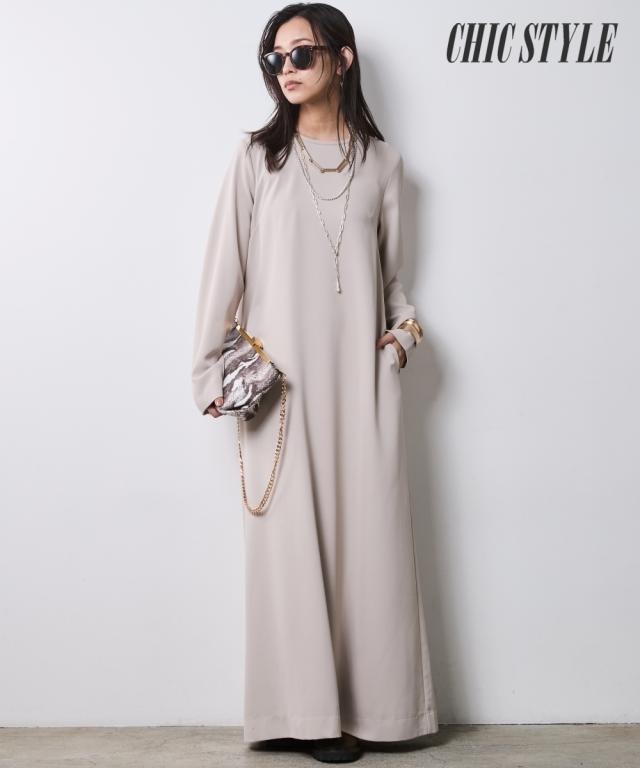 ワンピース ロング マキシ レディース クルーネック シックスタイル 春 秋 冬 ひざ下 | 6L/8L/10L | ニッセン nissen