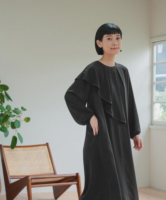 喪服 礼服 ブラックフォーマル レディース 日本製生地使用 洗える防しわアシメドレープサテン切替 前開き デザイン ワンピース 〔Neina〕 ニッセン nissen_8