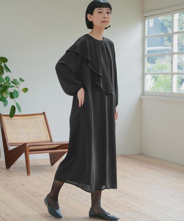 喪服 礼服 ブラックフォーマル レディース 日本製生地使用 洗える防しわアシメドレープサテン切替 前開き デザイン ワンピース 〔Neina〕 ニッセン nissen_9
