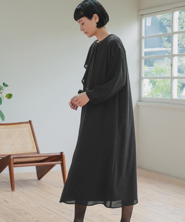 喪服 礼服 ブラックフォーマル レディース 日本製生地使用 洗える防しわアシメドレープサテン切替 前開き デザイン ワンピース 〔Neina〕 ニッセン nissen_11