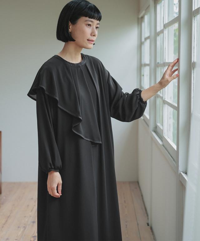 喪服 礼服 ブラックフォーマル レディース 日本製生地使用 洗える防しわアシメドレープサテン切替 前開き デザイン ワンピース 〔Neina〕 ニッセン nissen_12