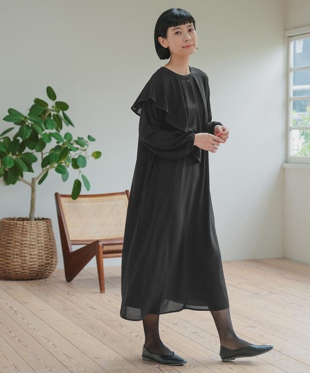 喪服 礼服 ブラックフォーマル レディース 日本製生地使用 洗える防しわアシメドレープサテン切替 前開き デザイン ワンピース 〔Neina〕 ニッセン nissen_13