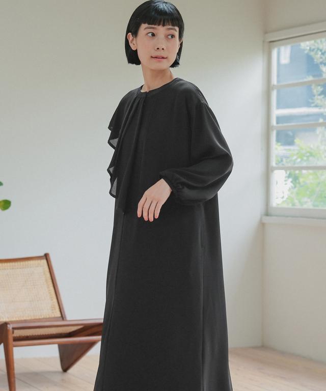 喪服 礼服 ブラックフォーマル レディース 日本製生地使用 洗える防しわアシメドレープサテン切替 前開き デザイン ワンピース 〔Neina〕 ニッセン nissen_14