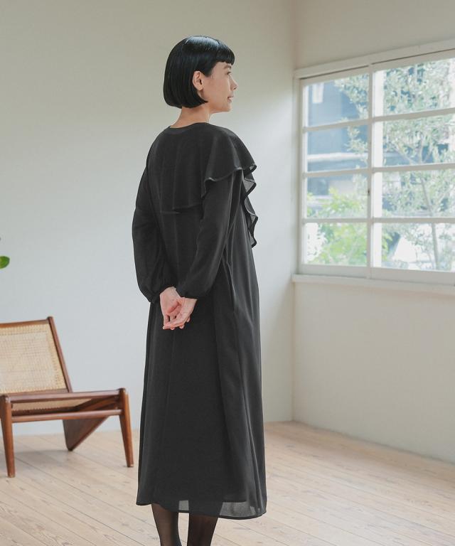 喪服 礼服 ブラックフォーマル レディース 日本製生地使用 洗える防しわアシメドレープサテン切替 前開き デザイン ワンピース 〔Neina〕 ニッセン nissen_15