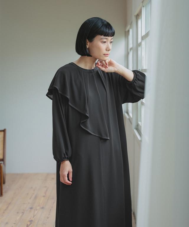 喪服 礼服 ブラックフォーマル レディース 日本製生地使用 洗える防しわアシメドレープサテン切替 前開き デザイン ワンピース 〔Neina〕 ニッセン nissen_18