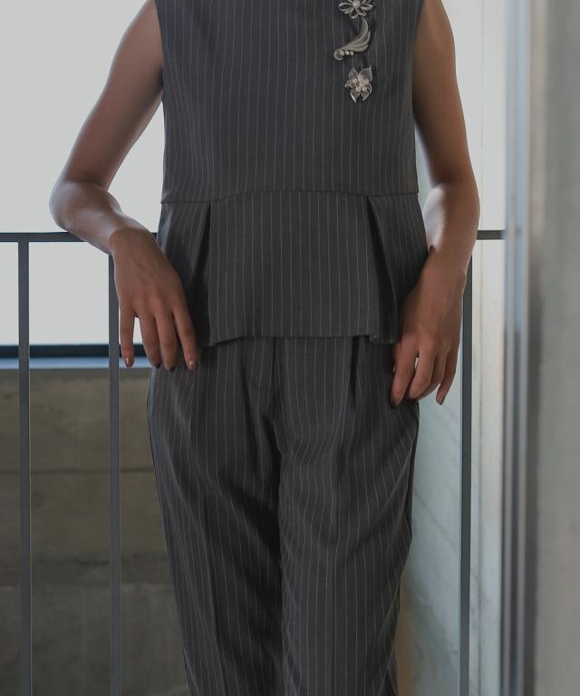 パーティドレス パンツ レディース お呼ばれ よそいき 結婚式 パーティー オケージョン ドレス チュール切替ペプラム デザイン ストライプ ブラウス ＋ セットアップ 〔Callarus〕_16