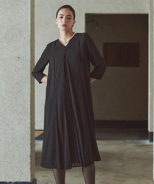 喪服 礼服 ブラックフォーマル レディース 日本製生地使用 洗える防しわフロント レース プリーツ 切替 Vネック デザイン ワンピース 〔Callarus〕 ニッセン_8