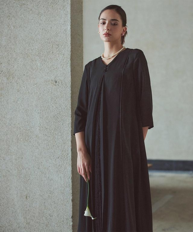 喪服 礼服 ブラックフォーマル レディース 日本製生地使用 洗える防しわフロント レース プリーツ 切替 Vネック デザイン ワンピース 〔Callarus〕 ニッセン_17