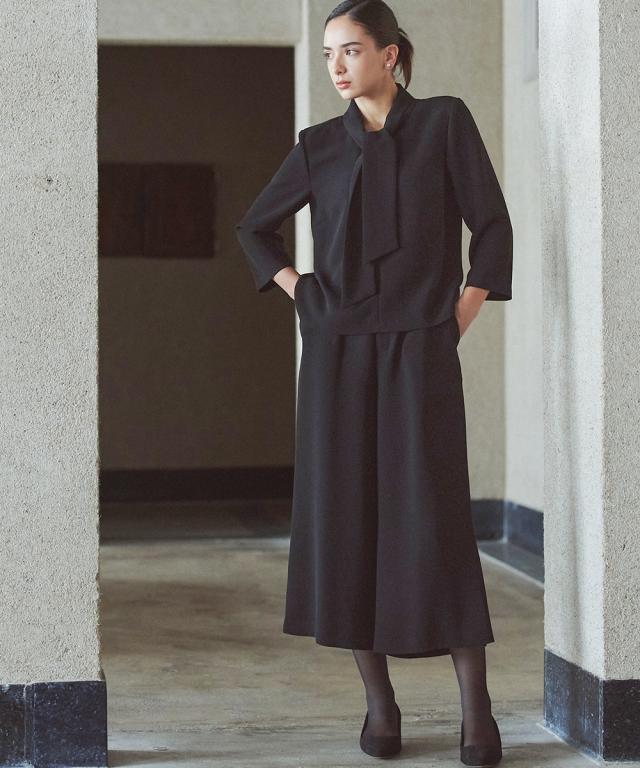 喪服 礼服 ブラックフォーマル レディース 日本製生地使用 洗える防しわ 前開き ボウタイ デザイン ブラウス ＋ワイド パンツ セットアップ 〔Callarus〕_4