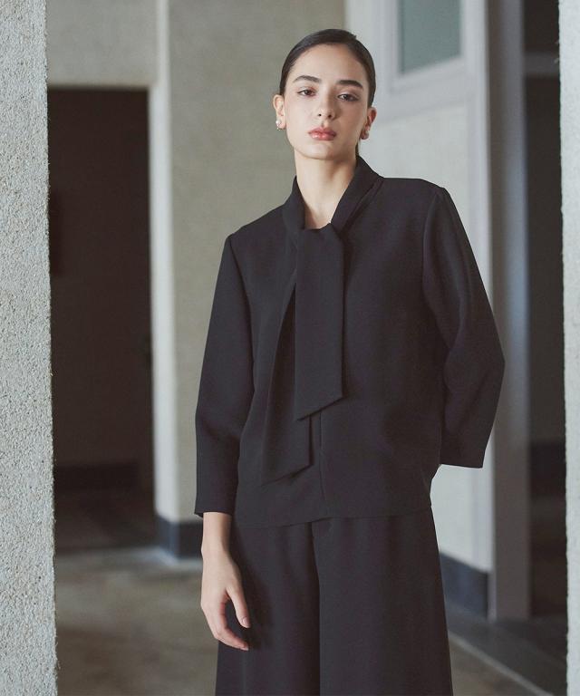 喪服 礼服 ブラックフォーマル レディース 日本製生地使用 洗える防しわ 前開き ボウタイ デザイン ブラウス ＋ワイド パンツ セットアップ 〔Callarus〕_11