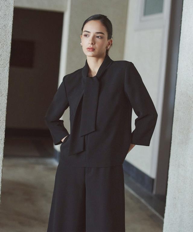 喪服 礼服 ブラックフォーマル レディース 日本製生地使用 洗える防しわ 前開き ボウタイ デザイン ブラウス ＋ワイド パンツ セットアップ 〔Callarus〕_12