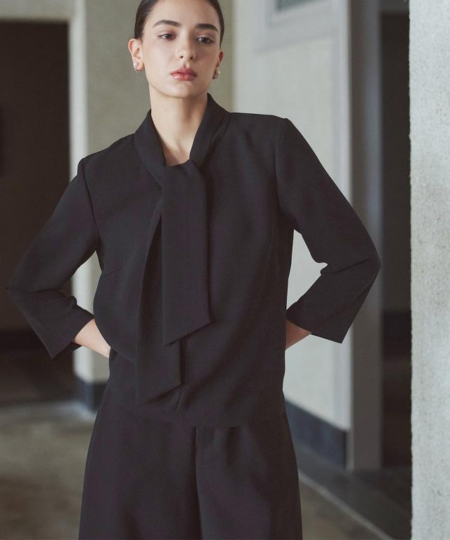 喪服 礼服 ブラックフォーマル レディース 日本製生地使用 洗える防しわ 前開き ボウタイ デザイン ブラウス ＋ワイド パンツ セットアップ 〔Callarus〕_14
