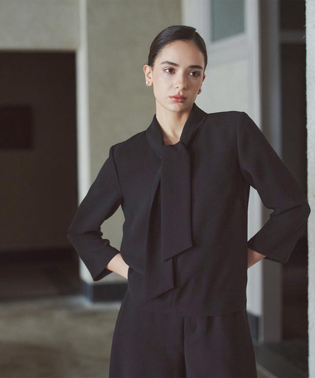 喪服 礼服 ブラックフォーマル レディース 日本製生地使用 洗える防しわ 前開き ボウタイ デザイン ブラウス ＋ワイド パンツ セットアップ 〔Callarus〕_15