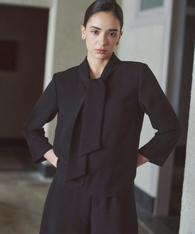 喪服 礼服 ブラックフォーマル レディース 日本製生地使用 洗える防しわ 前開き ボウタイ デザイン ブラウス ＋ワイド パンツ セットアップ 〔Callarus〕_16