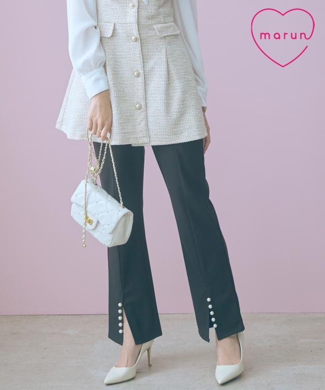 ストレートパンツ レディース 裾スリット ストレート パンツ marun 春 秋 冬 美脚 ボトムス ズボン | 6L/8L/10L | ニッセン nissen